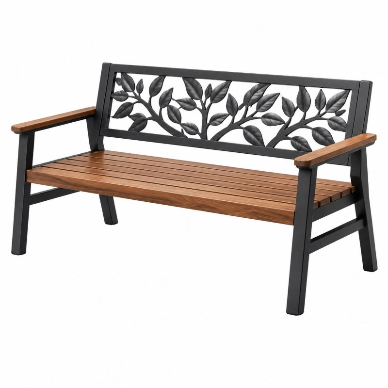 Gartenbank 120 x 60 x 88 cm Holz und Metall Braun Schwarz mit Blattmotiv