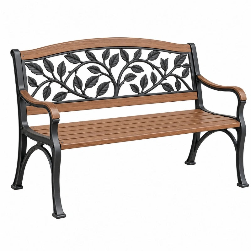 Gartenbank 125 cm Metall Braun Schwarz mit Blattdekor