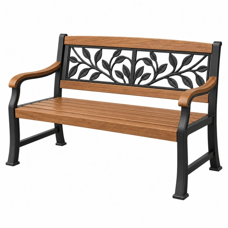 Gartenbank 122 x 62 x 89 cm Holz Metall Braun Schwarz mit Blattmuster