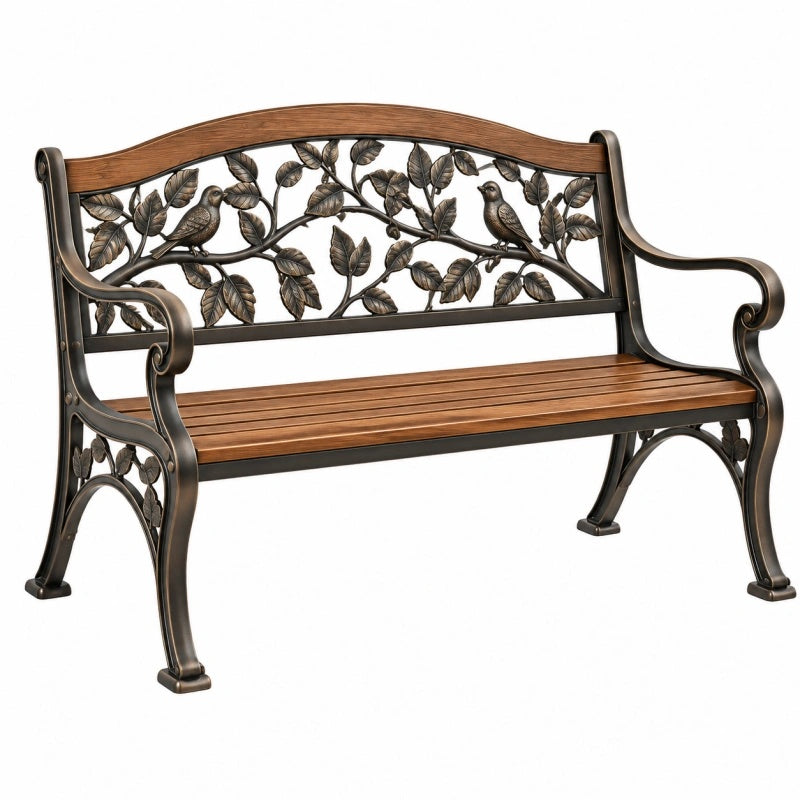 Gartenbank 125 x 60 x 88 cm Metall Braun Holzoptik Vogelmotiv Klassisch