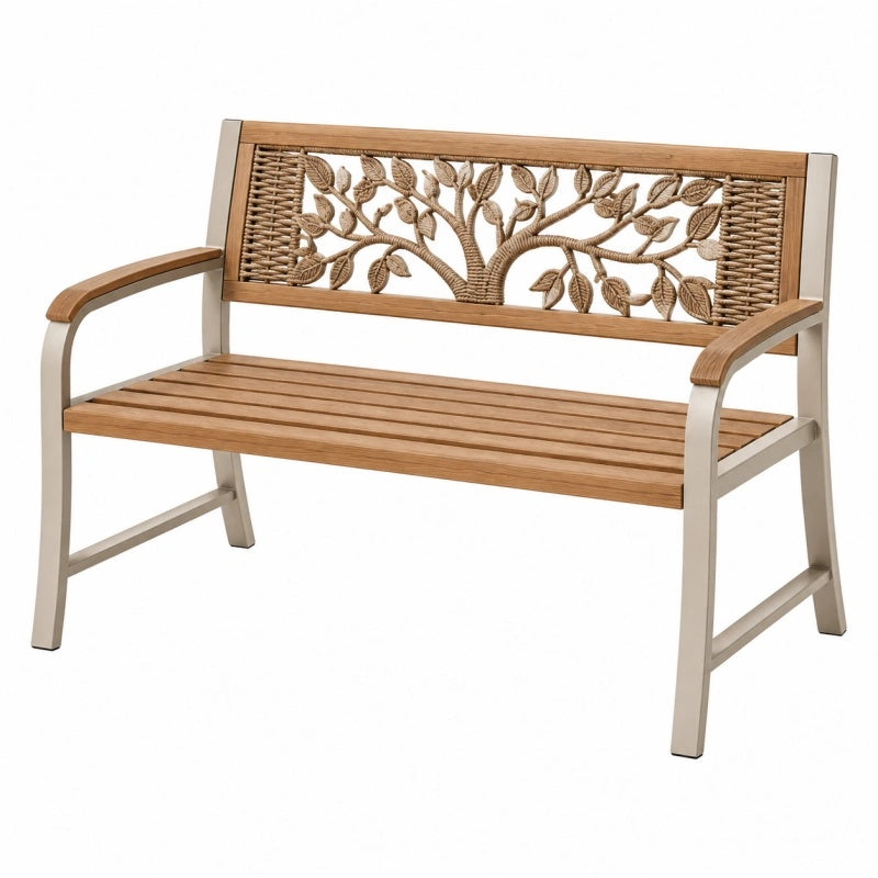 Gartenbank 122 x 60 x 88 cm aus Metall Holz und Geflecht in Naturbraun Beige