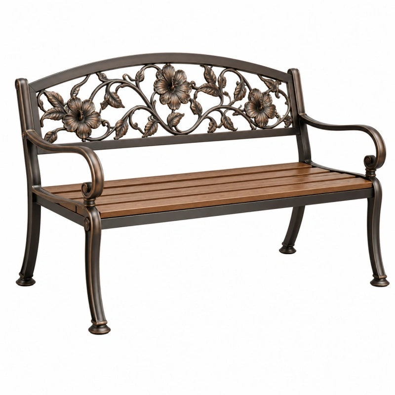 Gartenbank 122 cm aus Metall und Holz Braun mit Blumenmuster klassisch
