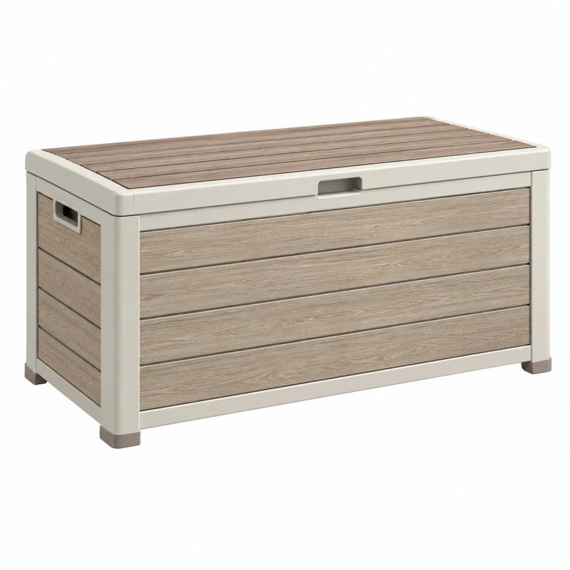 Garten-Aufbewahrungsbox 120 x 55 x 60 cm Kunststoff Beige Holzoptik mit Klappdeckel