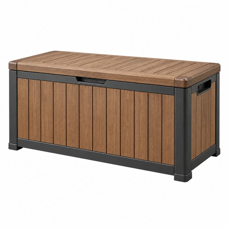 Garten-Aufbewahrungsbox 120 x 61 x 63 cm Kunststoff Braun Anthrazit - wetterfeste Sitztruhe in Holzoptik