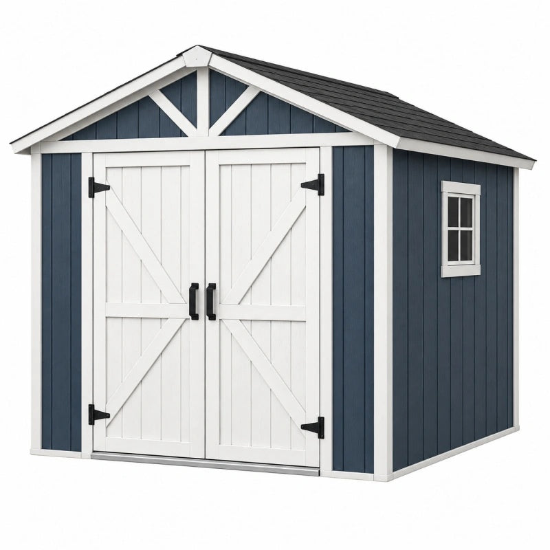 Gartenhaus 224 x 174 x 221 cm aus Kunststoff Blau Weiß mit Doppeltür und Fenster im Landhausstil