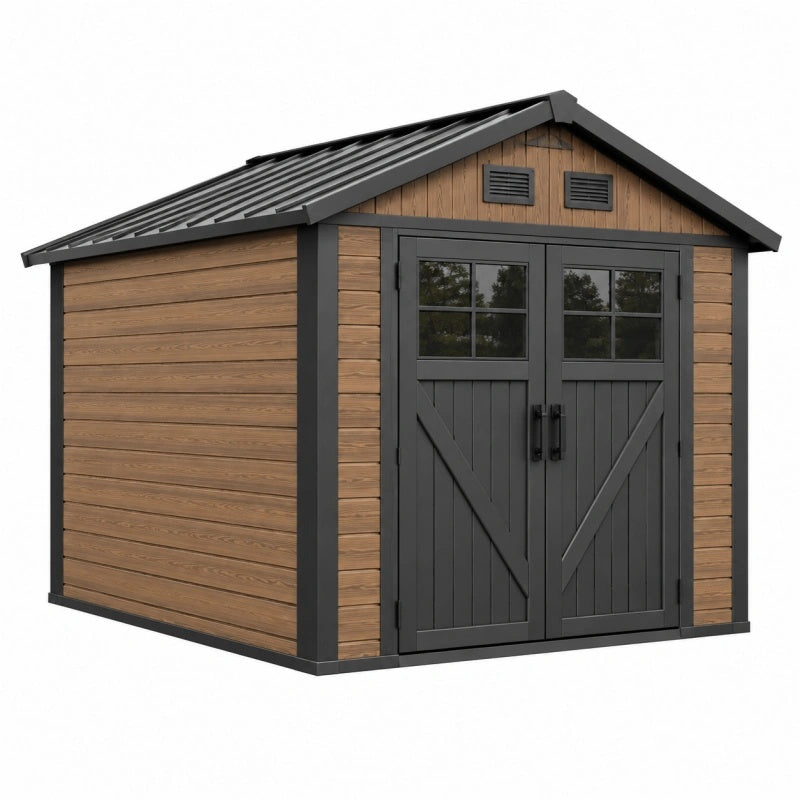 Gartenhaus 300 x 240 x 250 cm in Braun Anthrazit mit Doppeltür Holzoptik und Satteldach