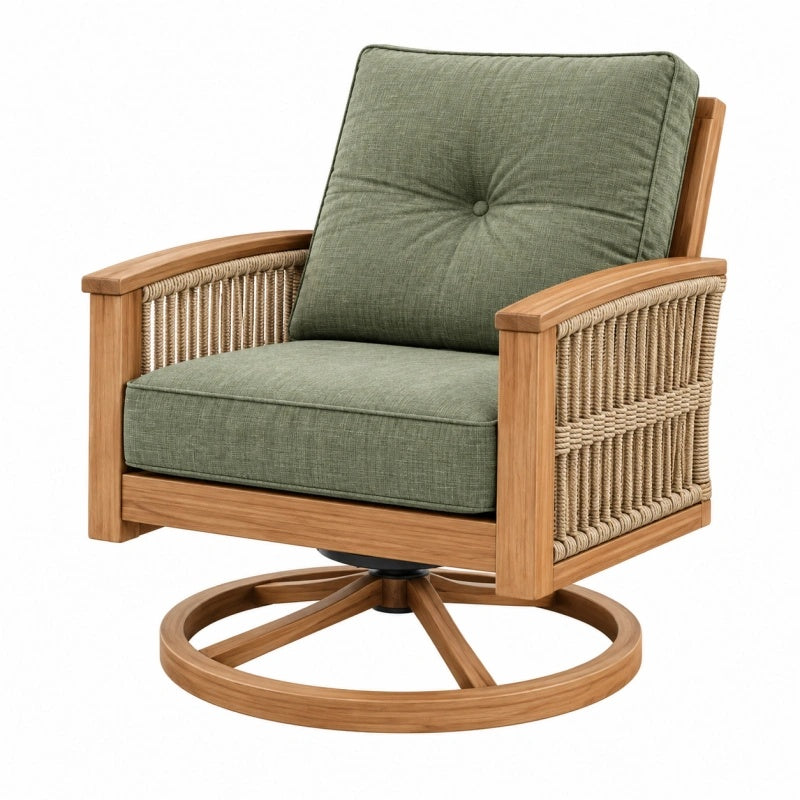 Drehsessel 80 x 85 x 90 cm aus Holz Seilgeflecht und Textil in Grün Naturbraun - drehbar