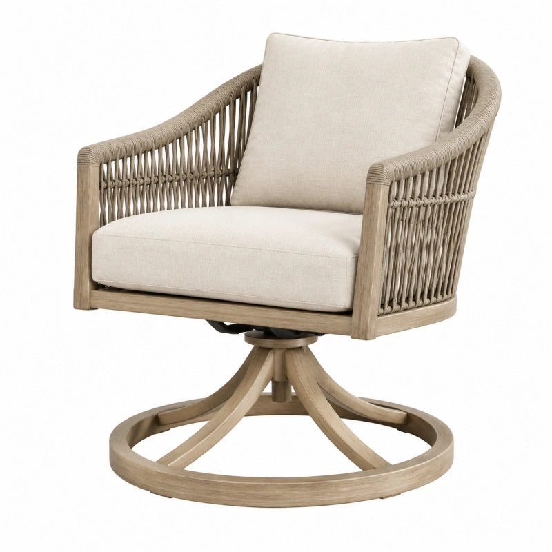 Drehsessel 75 x 70 x 90 cm aus Holz und Seilgeflecht in Naturbeige für Garten und Terrasse